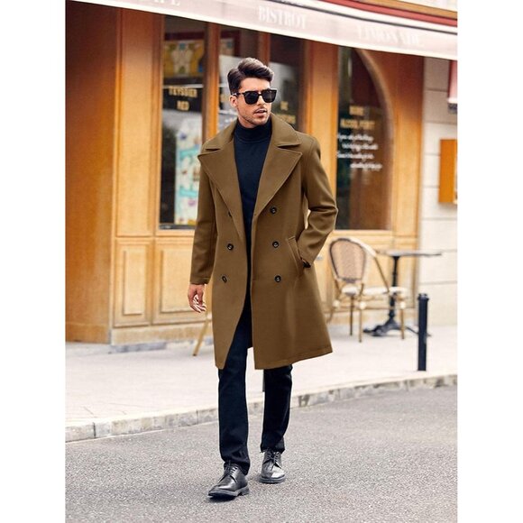 Men's Brown Double Breasted Trench Coat Collar Business Winter Long Coats - Picture 3 of 5